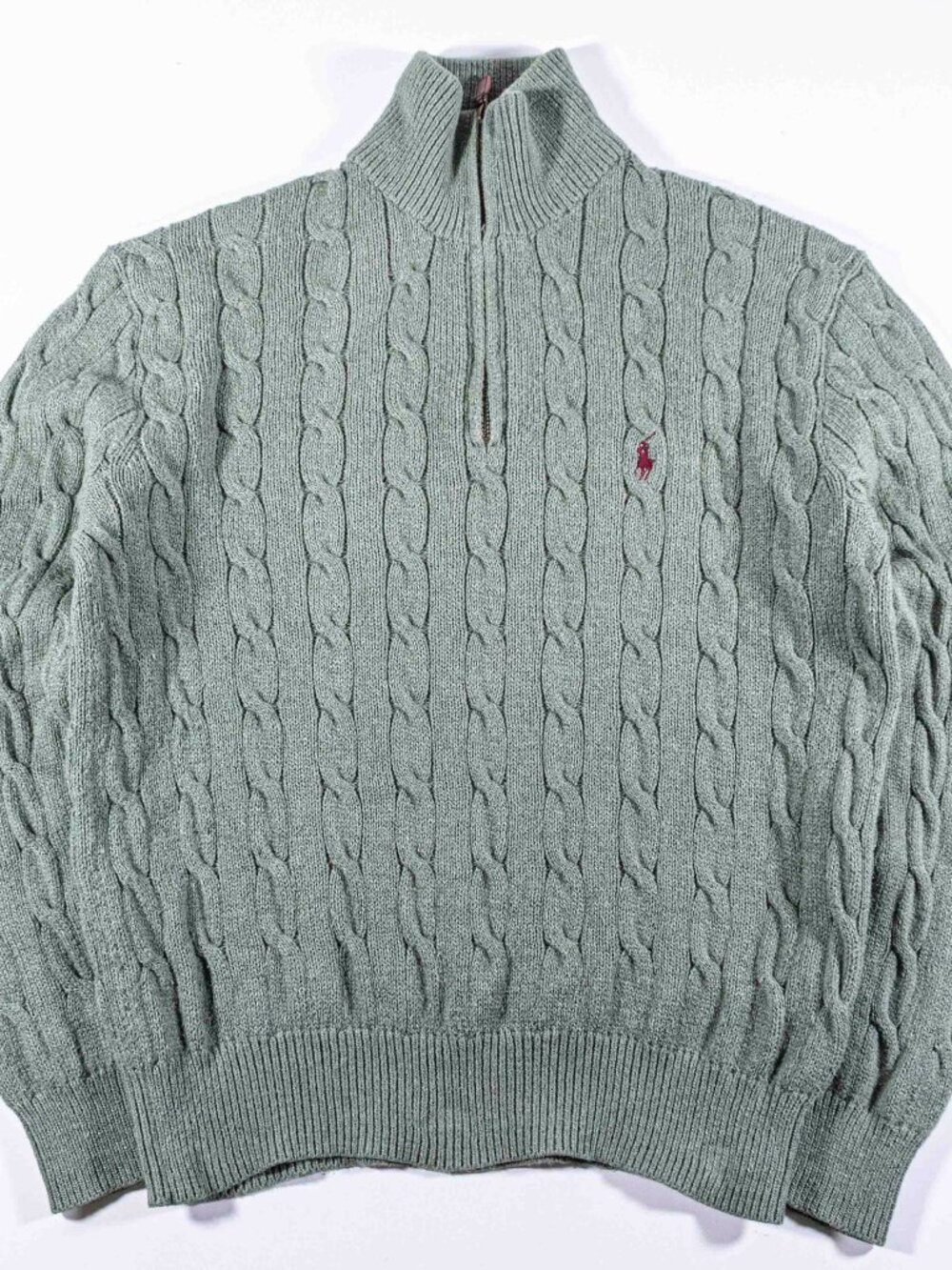 Polo Ralph Lauren Cable Knit 1/4 Zip Sweater Mens Small Green Cotton Pullover